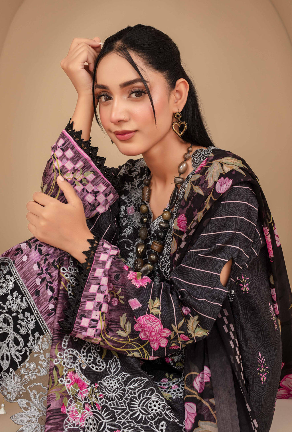 Elegant Black Floral Embroidered 3 Piece Suit VISCOSE
