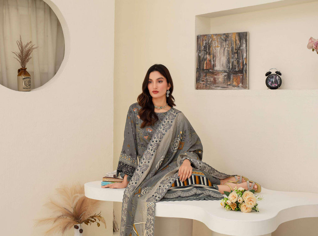 Trouser detail and back view of grey viscose suit