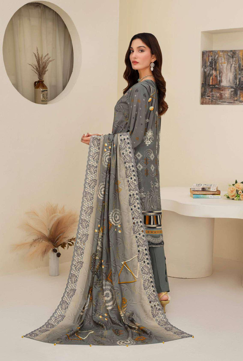 ZAMARANG Chic Grey Embroidered Viscose 3-piece suit — front view on model