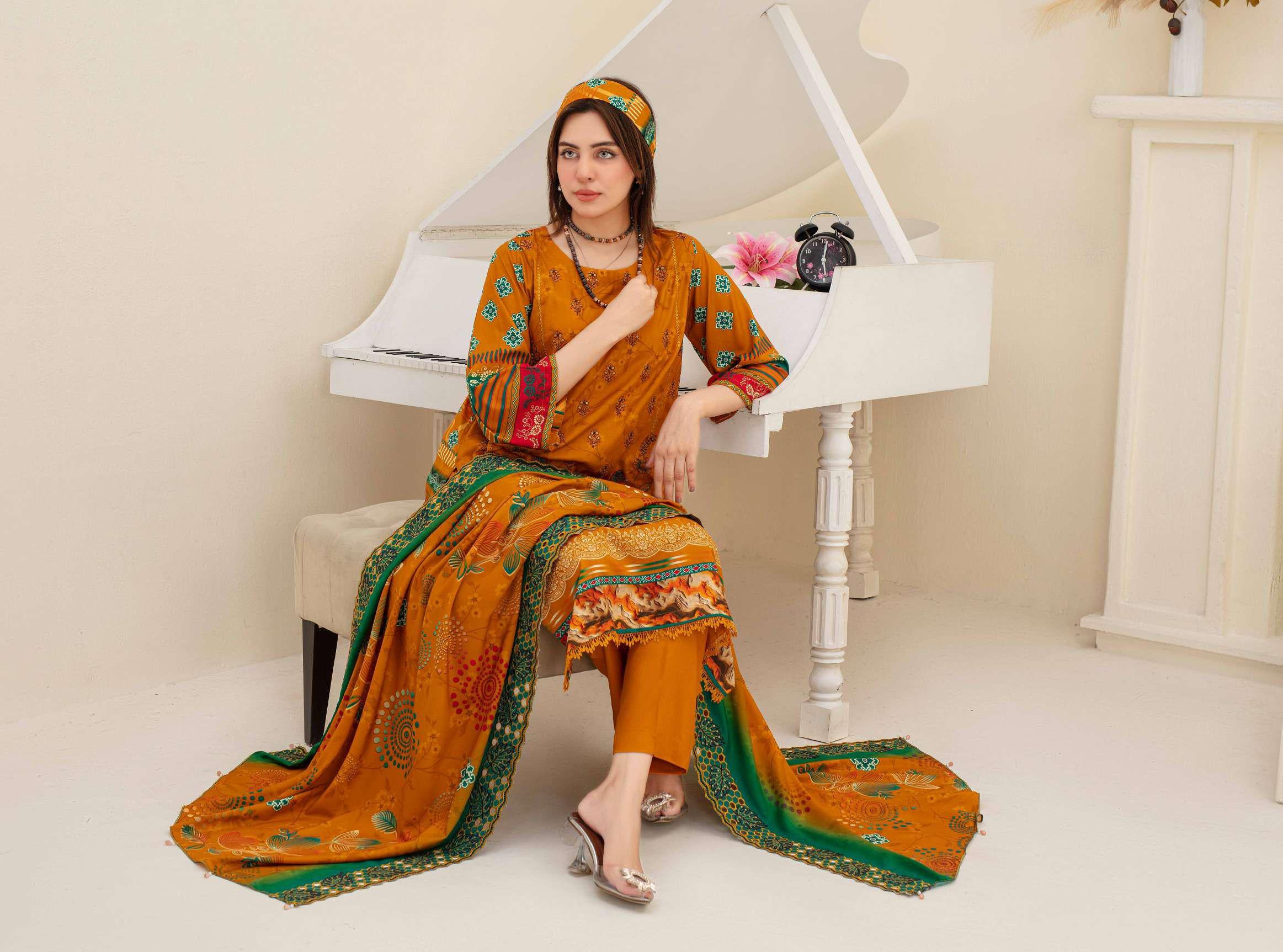 Women’s mustard embroidered viscose suit with plain trouser