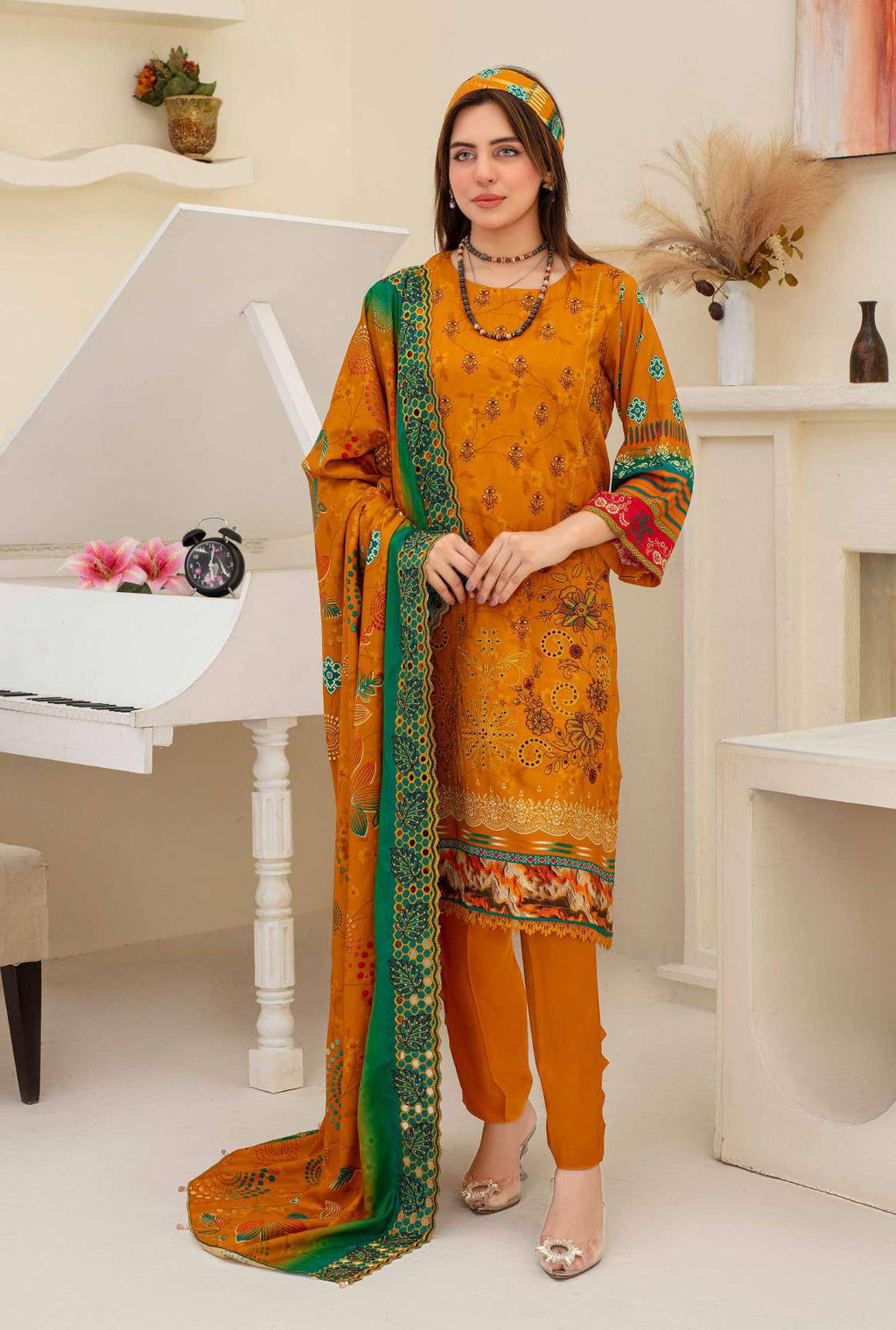Mustard Orange Embroidered 3-piece viscose suit with shawl dupatta