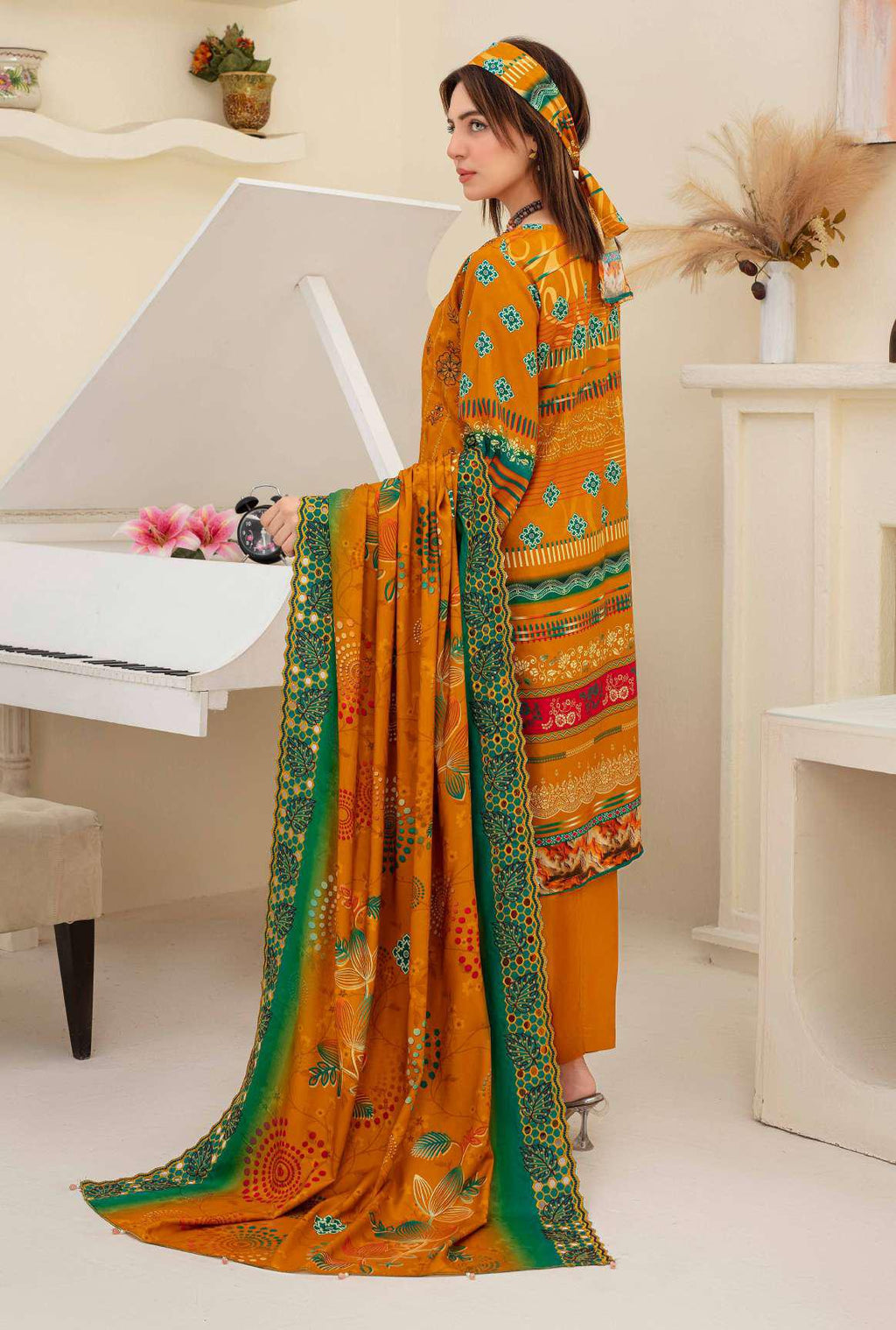 3-piece mustard viscose suit with embroidered shawl and shirt