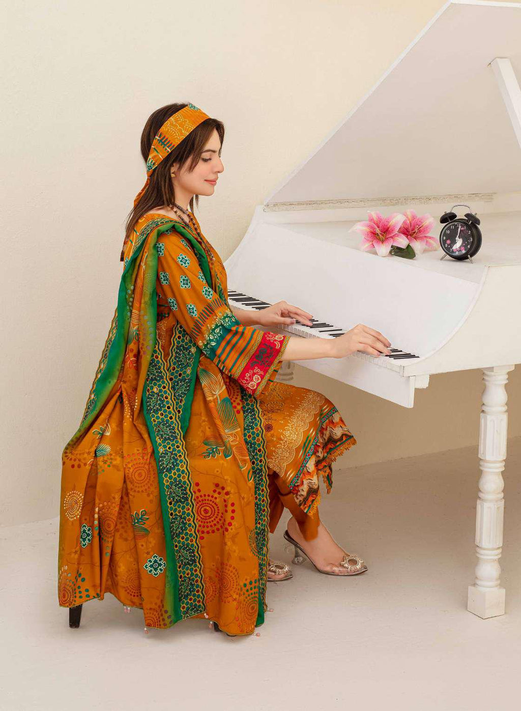 3-piece mustard viscose suit with embroidered shawl and shirt