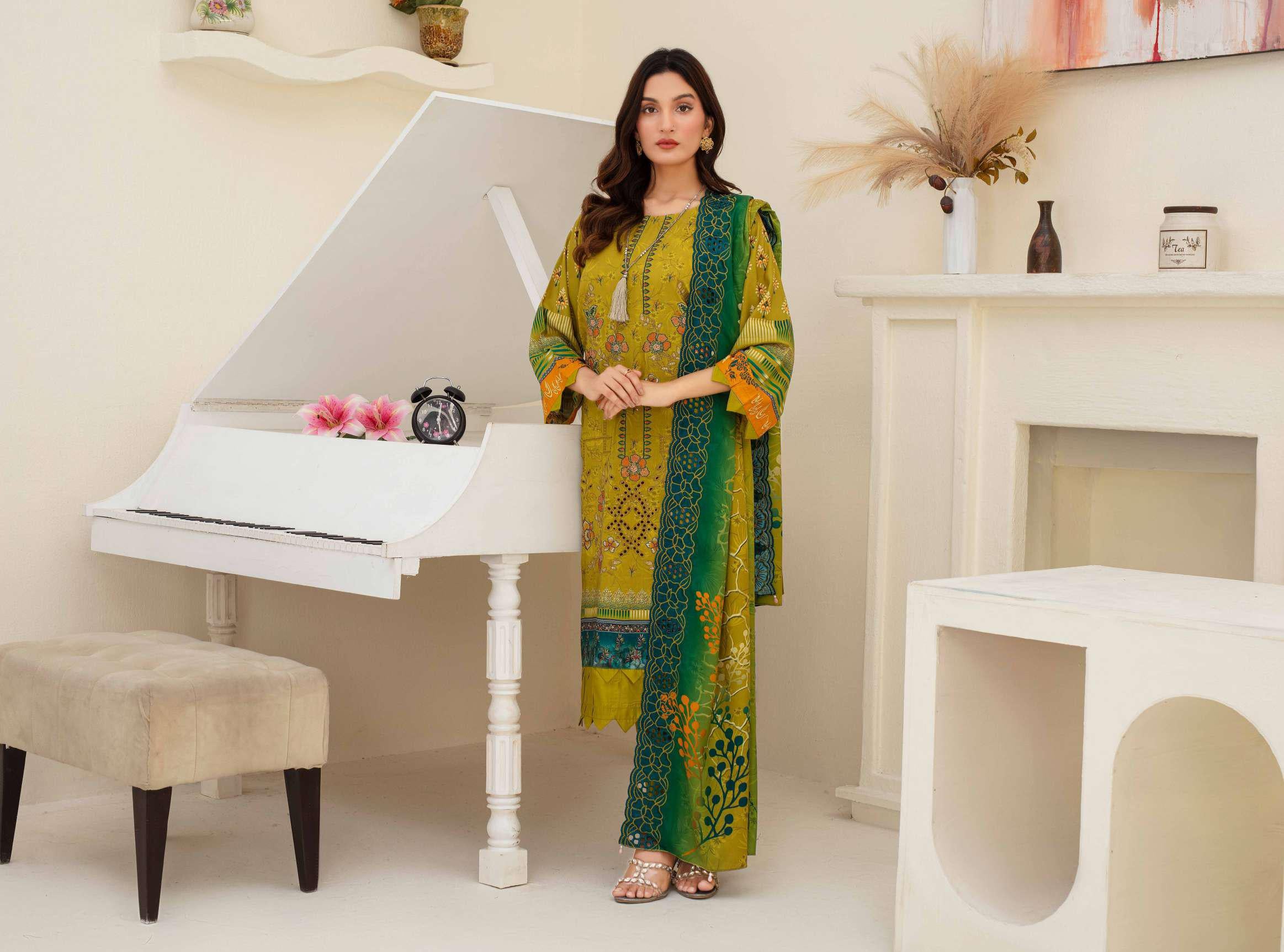 3 Piece Olive Green Embroidered Viscose Suit