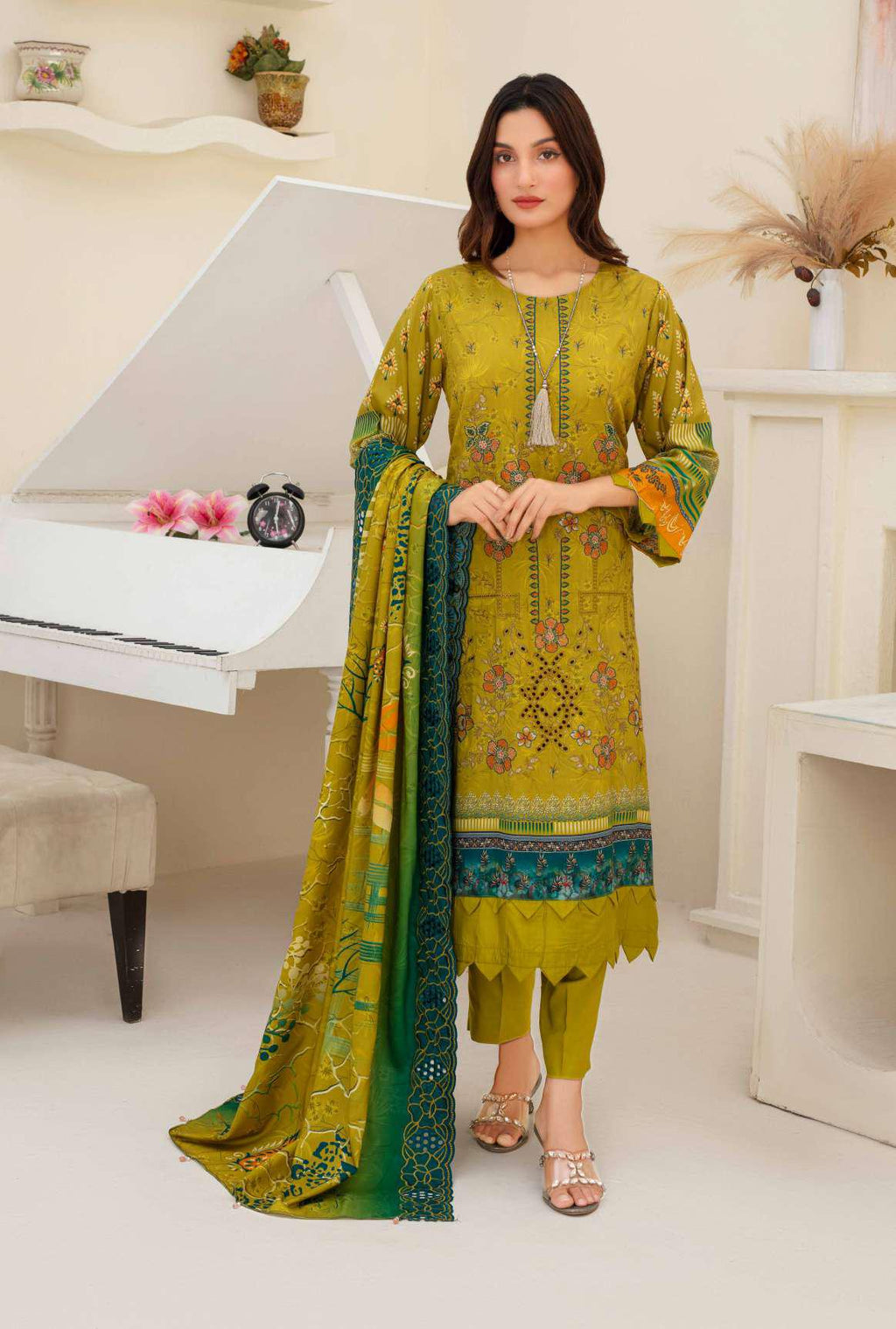 3 Piece Olive Green Embroidered Viscose Suit
