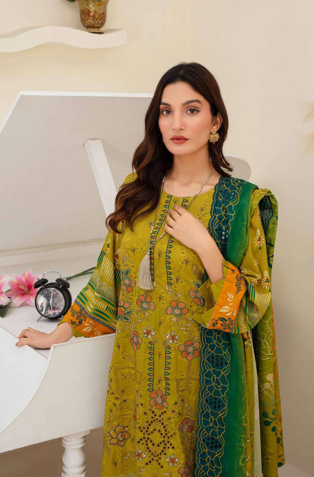 3 Piece Olive Green Embroidered Viscose Suit