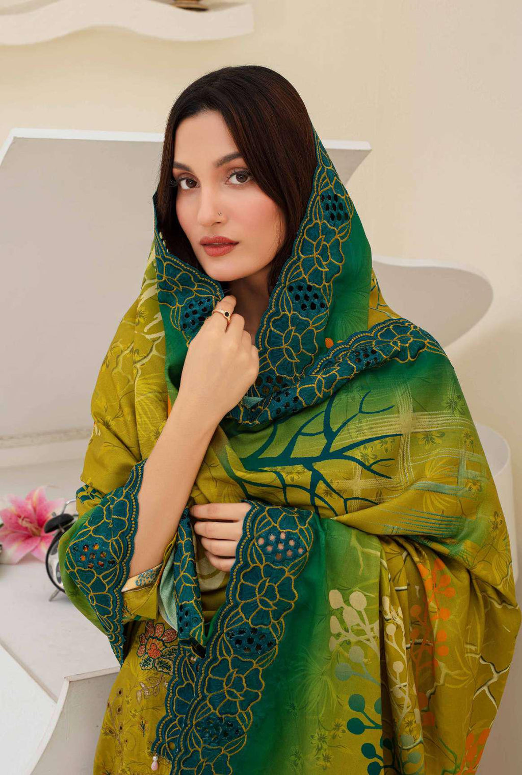 3 Piece Olive Green Embroidered Viscose Suit