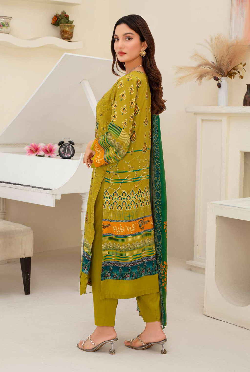 3 Piece Olive Green Embroidered Viscose Suit