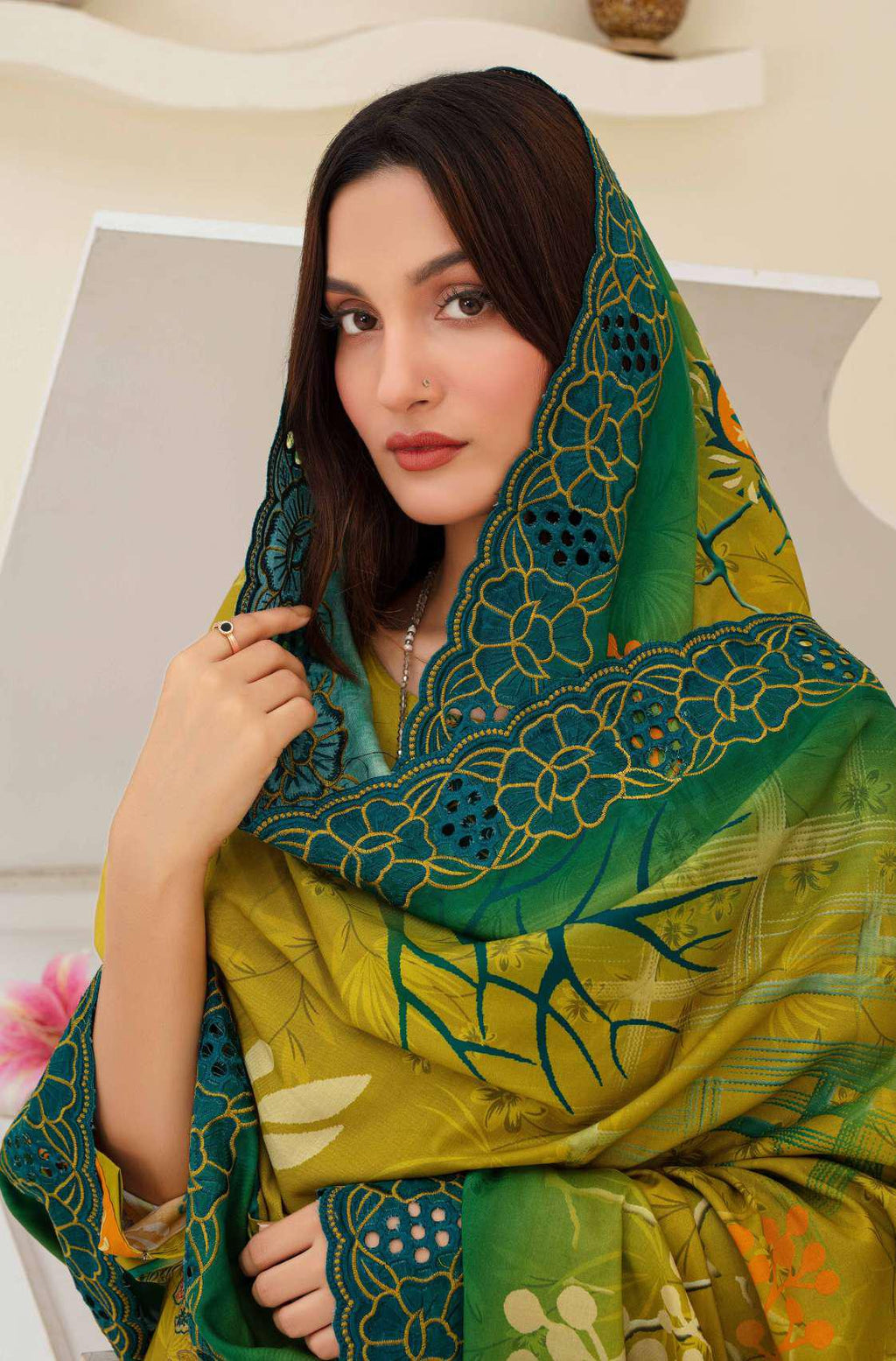 3 Piece Olive Green Embroidered Viscose Suit