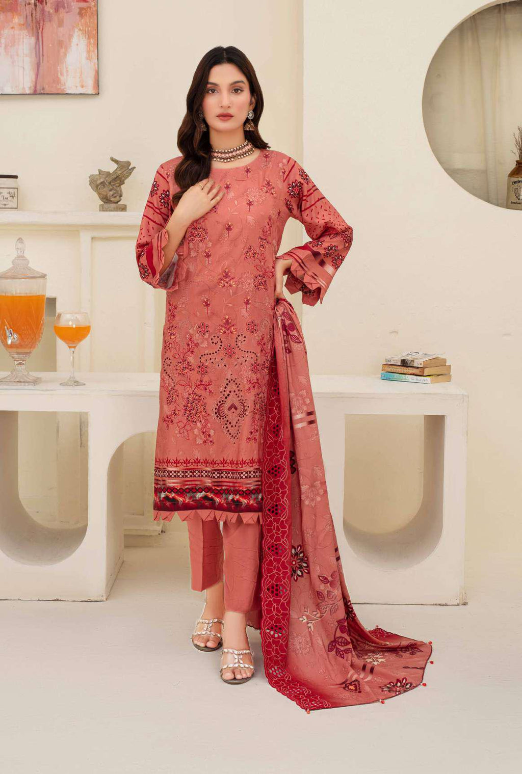 Dusty Rose Embroidered Viscose 3-piece suit front view - ZAMARANG