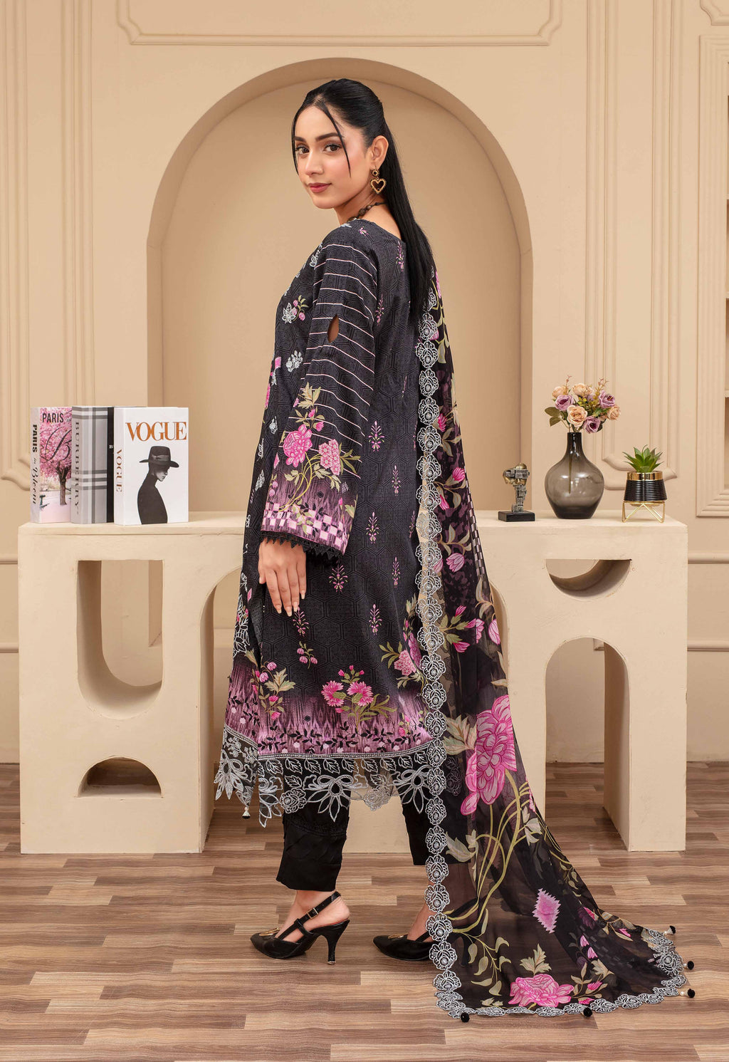 Elegant Black Floral Embroidered 3 Piece Suit VISCOSE