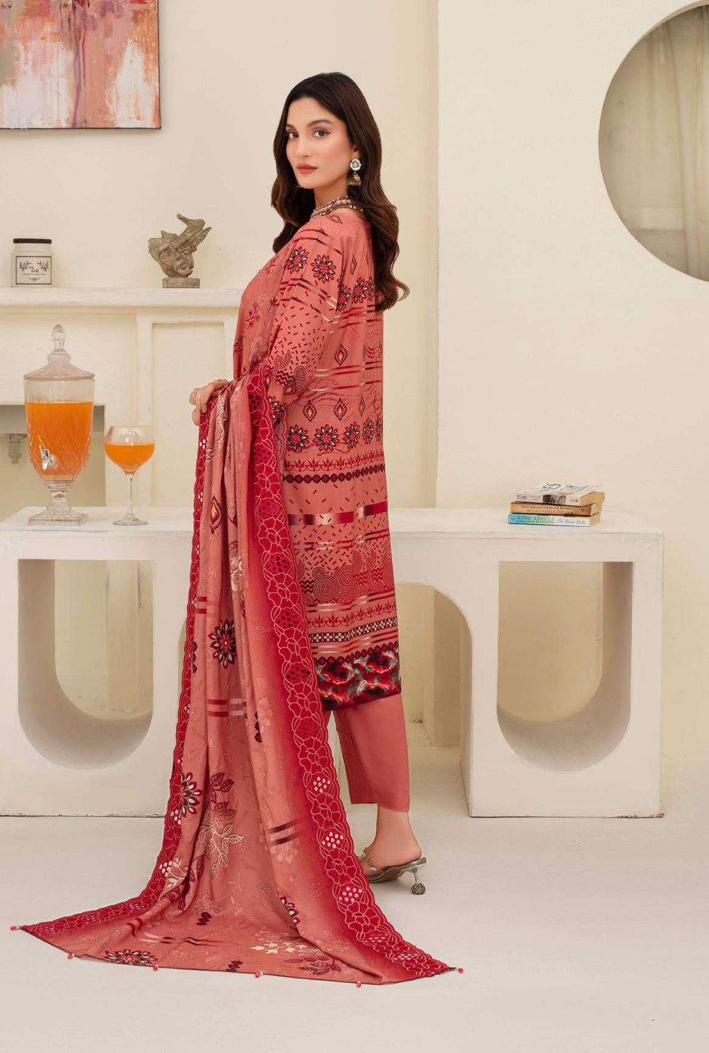 Plain viscose trouser paired with dusty rose embroidered shirt