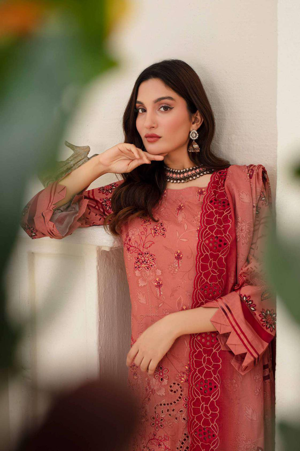 Plain viscose trouser paired with dusty rose embroidered shirt