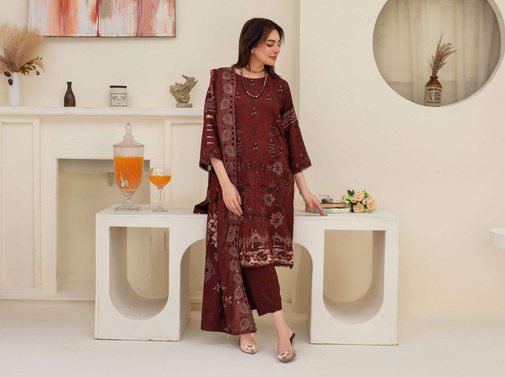 Deep Maroon Printed Embroidered Viscose 3 Piece Suit