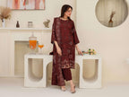 Deep Maroon Printed Embroidered Viscose 3 Piece Suit