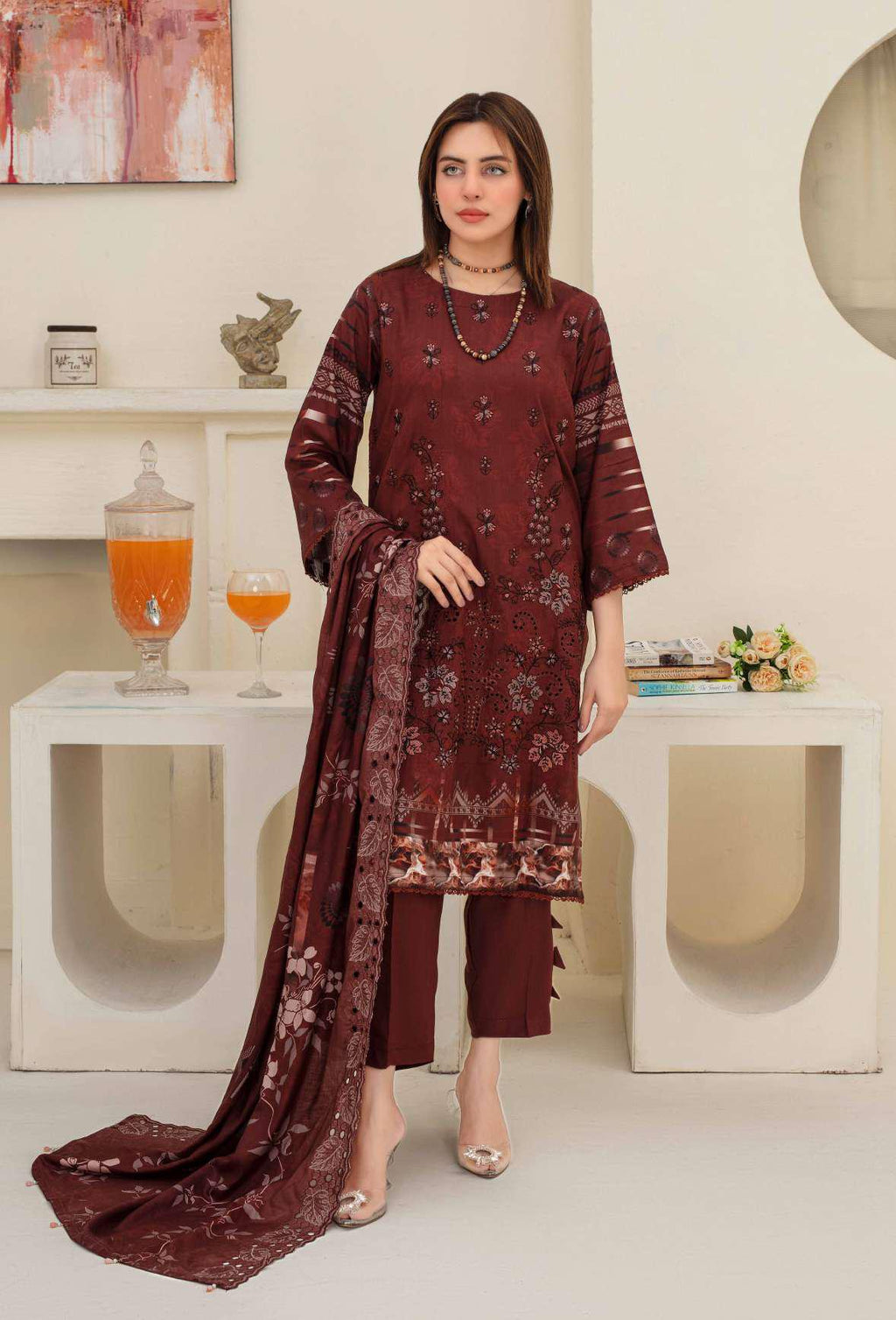 Deep Maroon Printed Embroidered Viscose 3 Piece Suit
