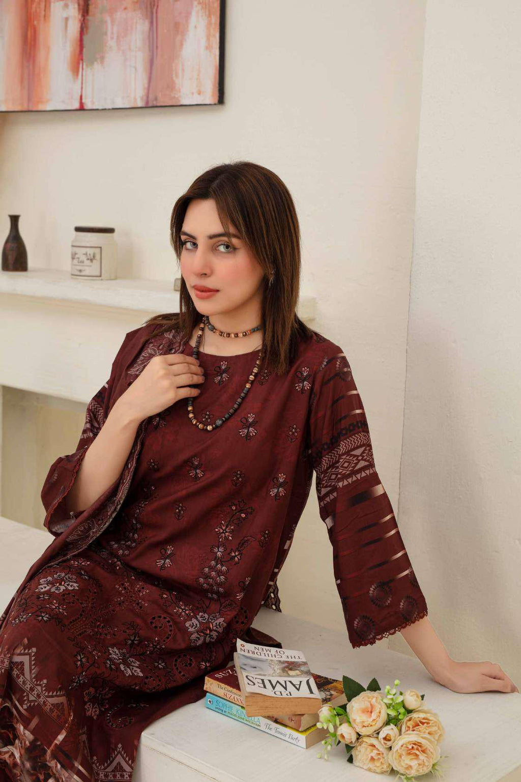 Deep Maroon Printed Embroidered Viscose 3 Piece Suit