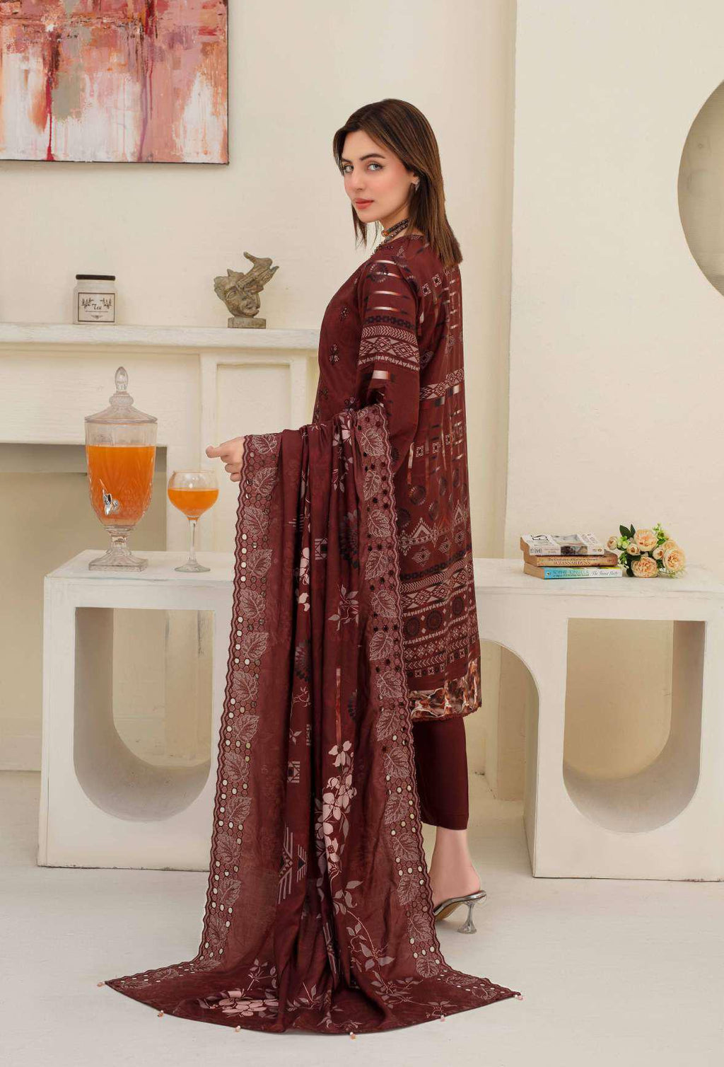 Deep Maroon Printed Embroidered Viscose 3 Piece Suit