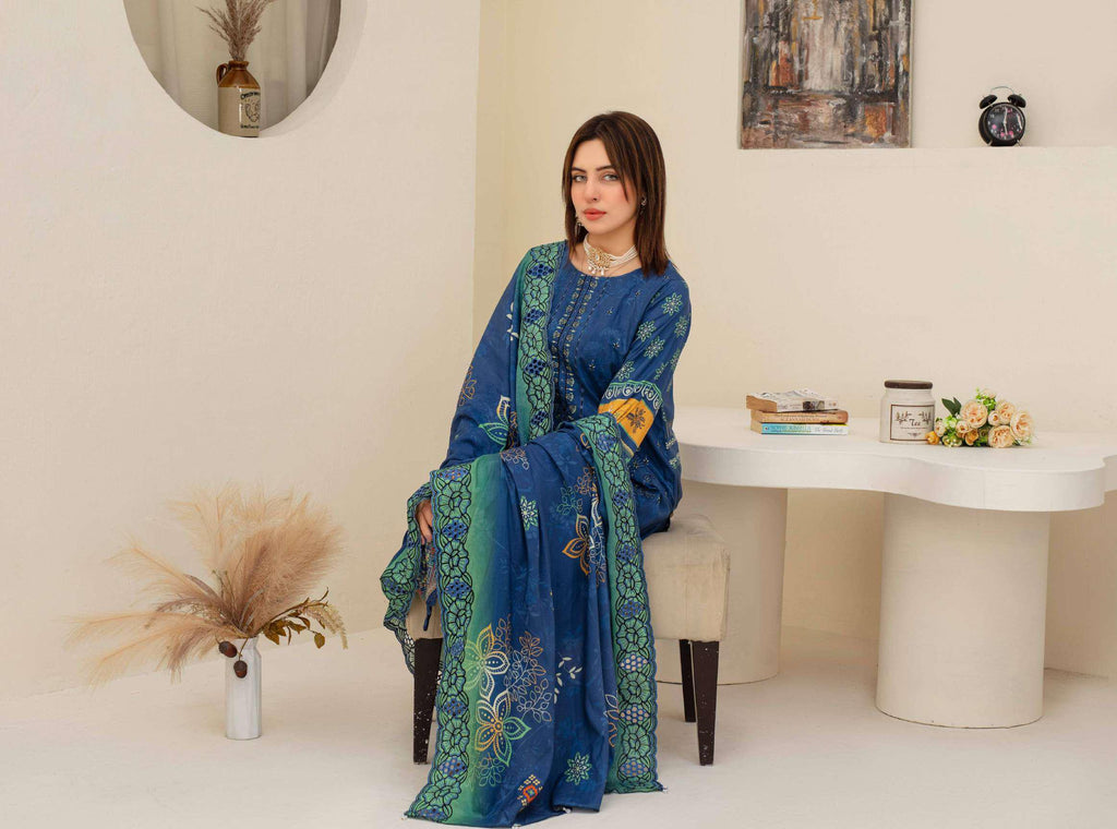 Royal Blue Embroidered Viscose 3-Piece Suit