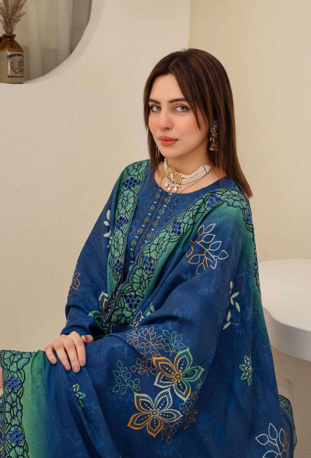 Royal Blue Embroidered Viscose 3-Piece Suit
