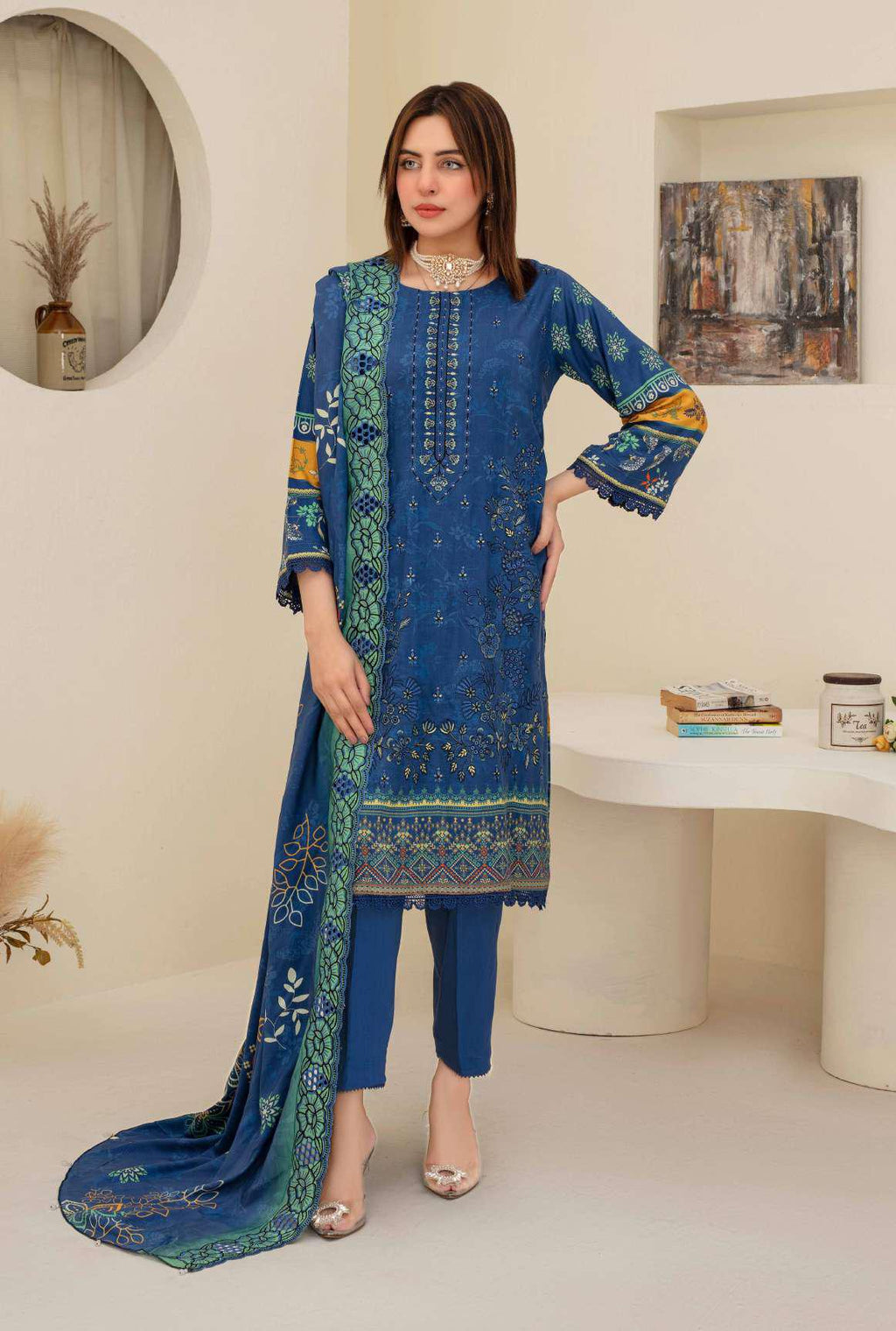 Royal Blue Embroidered Viscose 3-Piece Suit