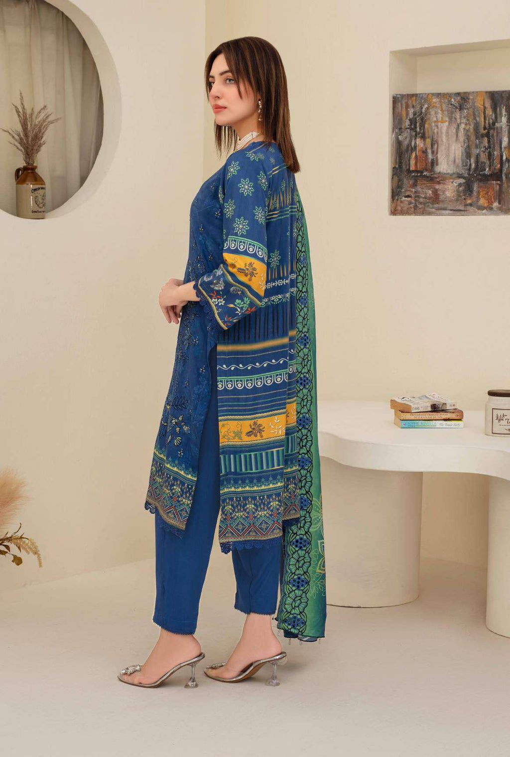 Royal Blue Embroidered Viscose 3-Piece Suit