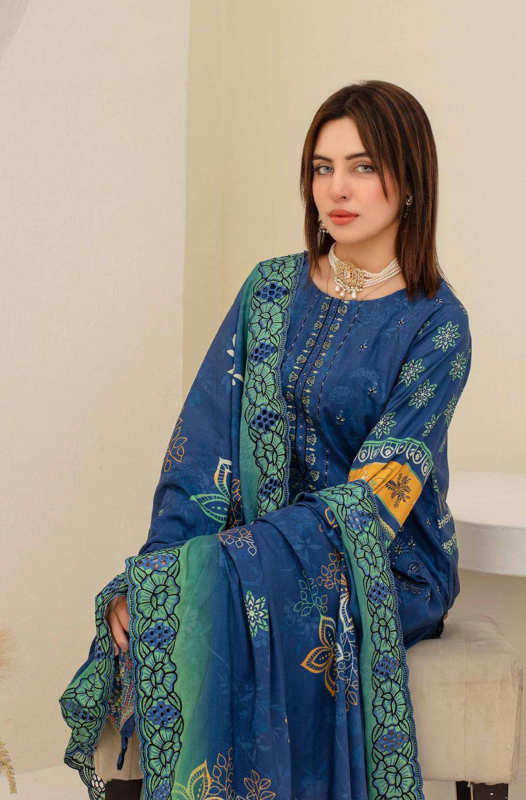 Royal Blue Embroidered Viscose 3-Piece Suit