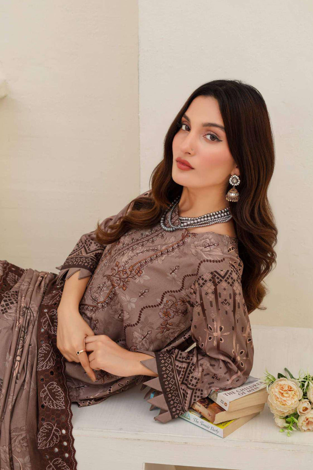 Mauve Embroidered Viscose 3-Piece Suit