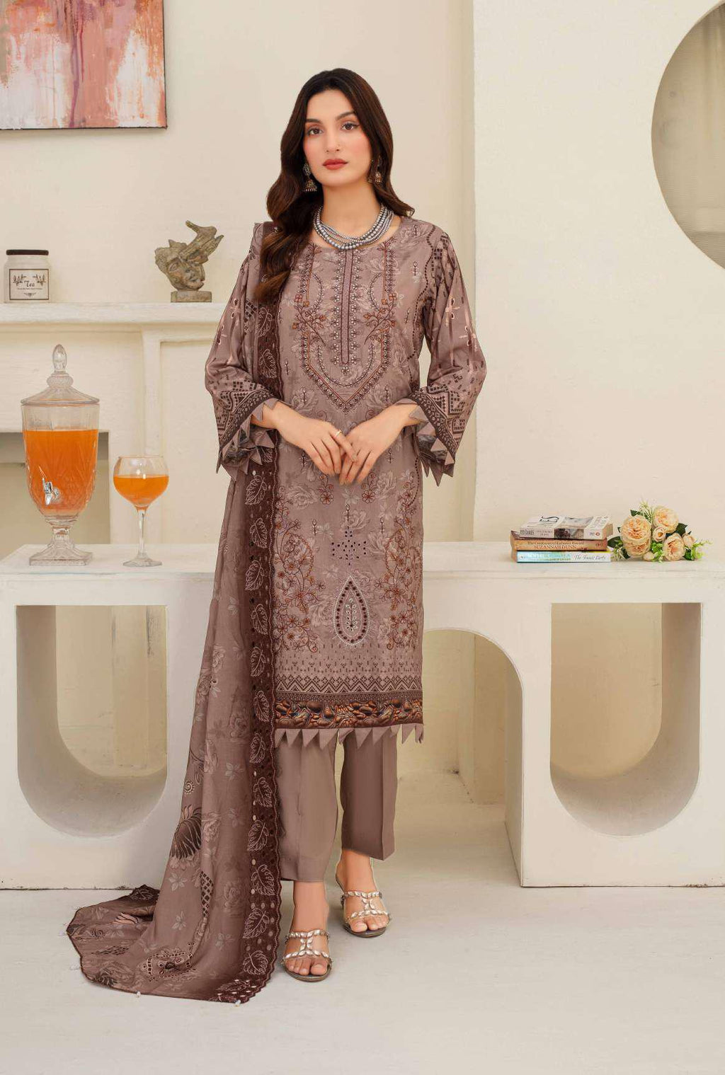 Mauve Embroidered Viscose 3-Piece Suit