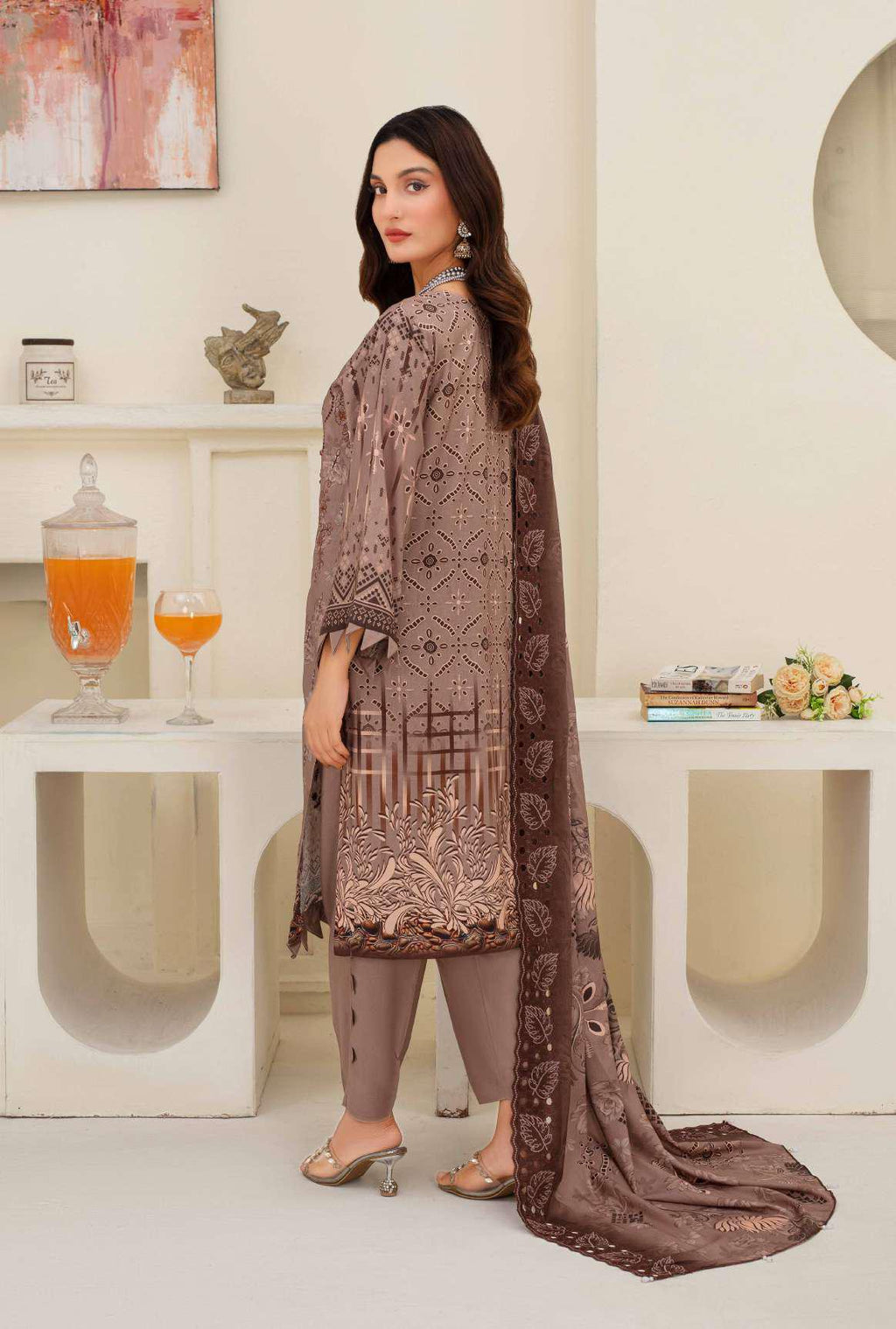 Mauve Embroidered Viscose 3-Piece Suit