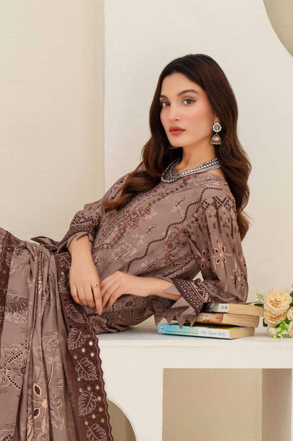 Mauve Embroidered Viscose 3-Piece Suit