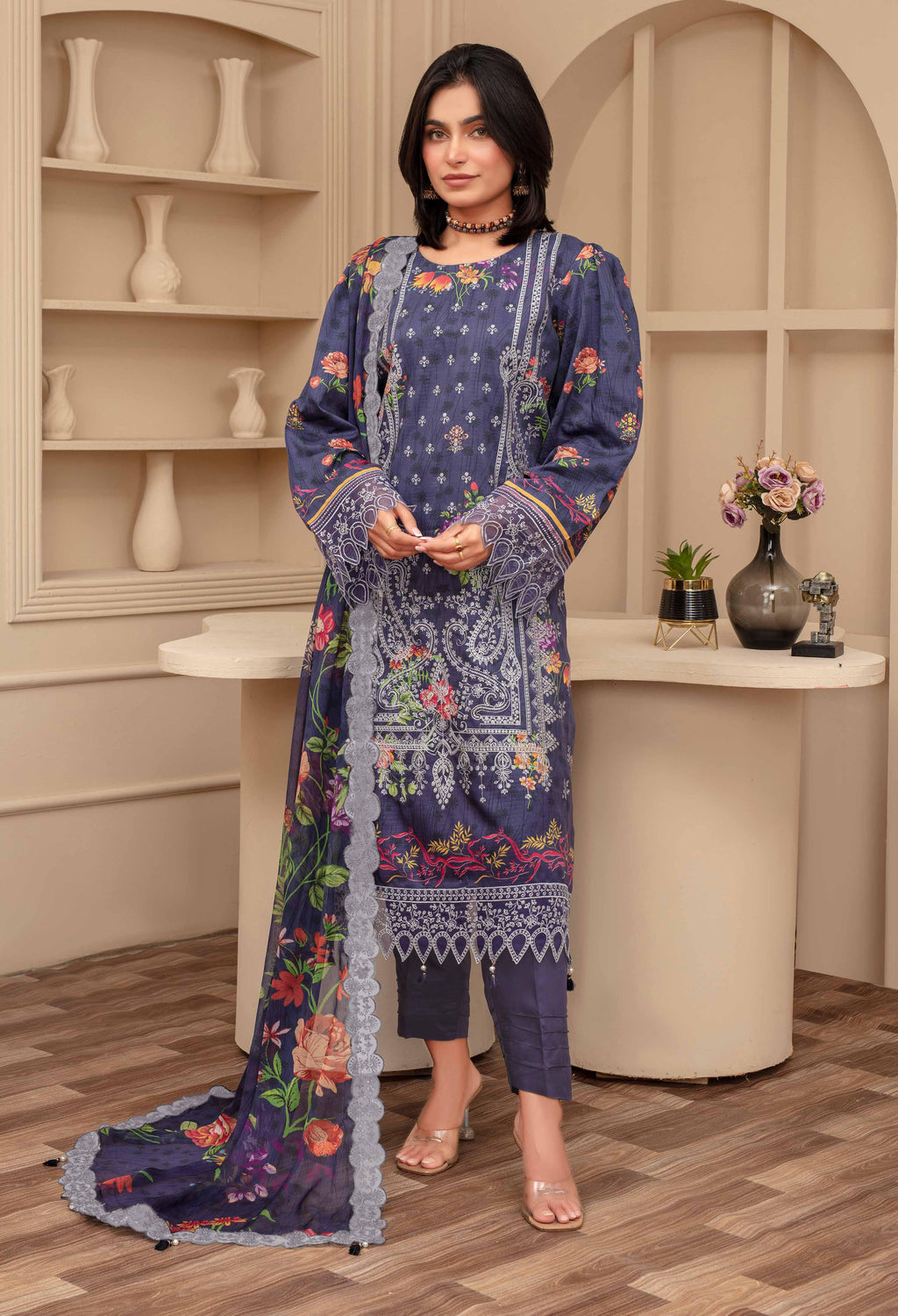 3 Piece Navy Blue Floral Embroidered Viscose Suit