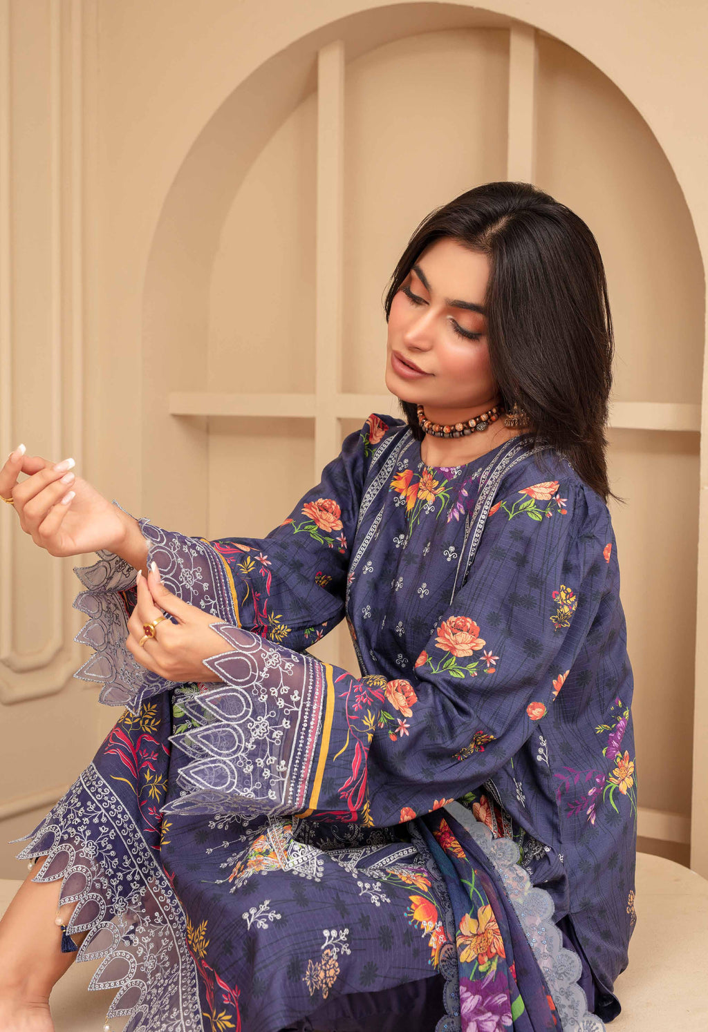 3 Piece Navy Blue Floral Embroidered Viscose Suit