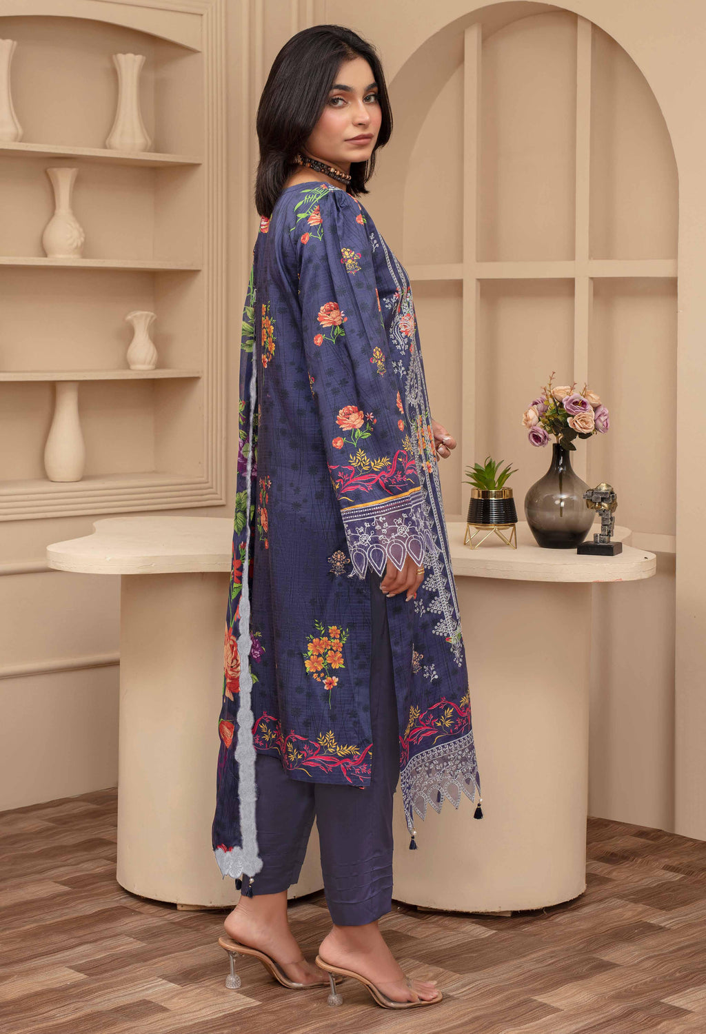 3 Piece Navy Blue Floral Embroidered Viscose Suit