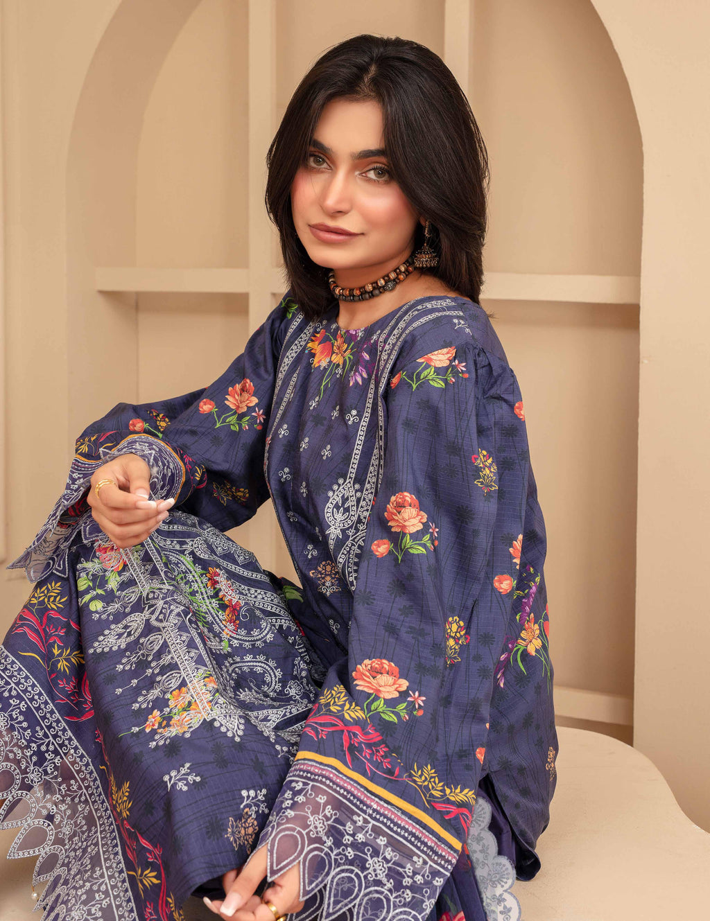 3 Piece Navy Blue Floral Embroidered Viscose Suit