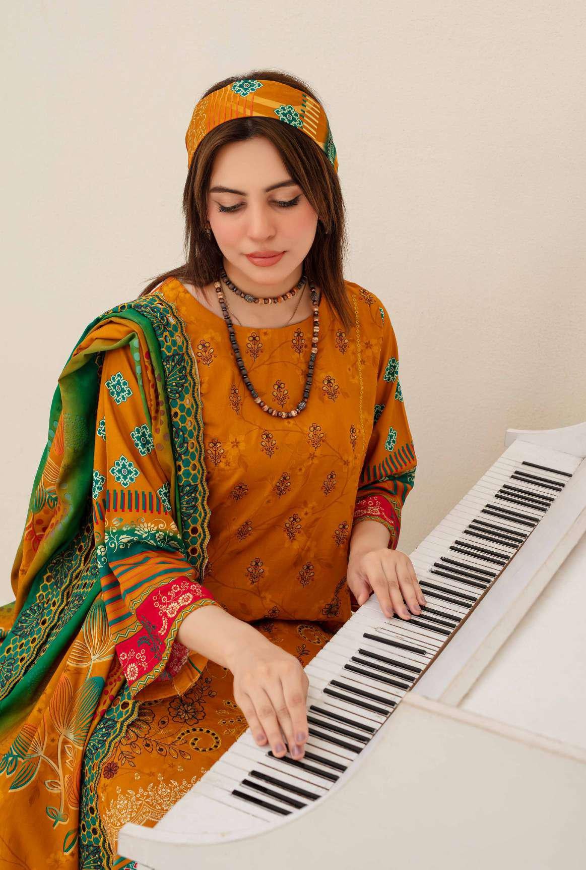 Women’s mustard embroidered viscose suit with plain trouser
