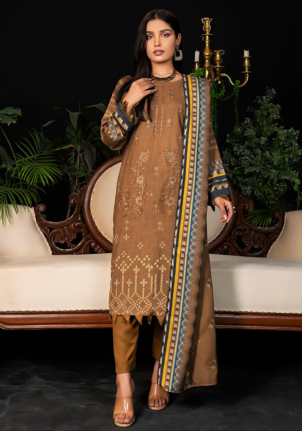Earthy Elegance Embroidered 3 Piece Suit Dhanak
