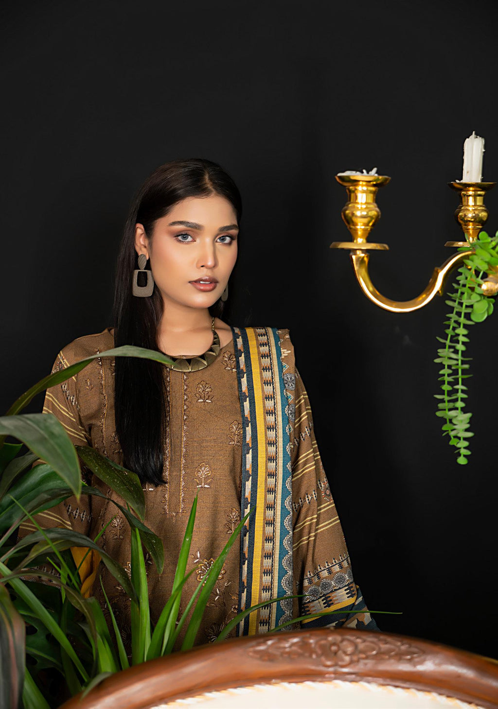 Earthy Elegance Embroidered 3 Piece Suit Dhanak