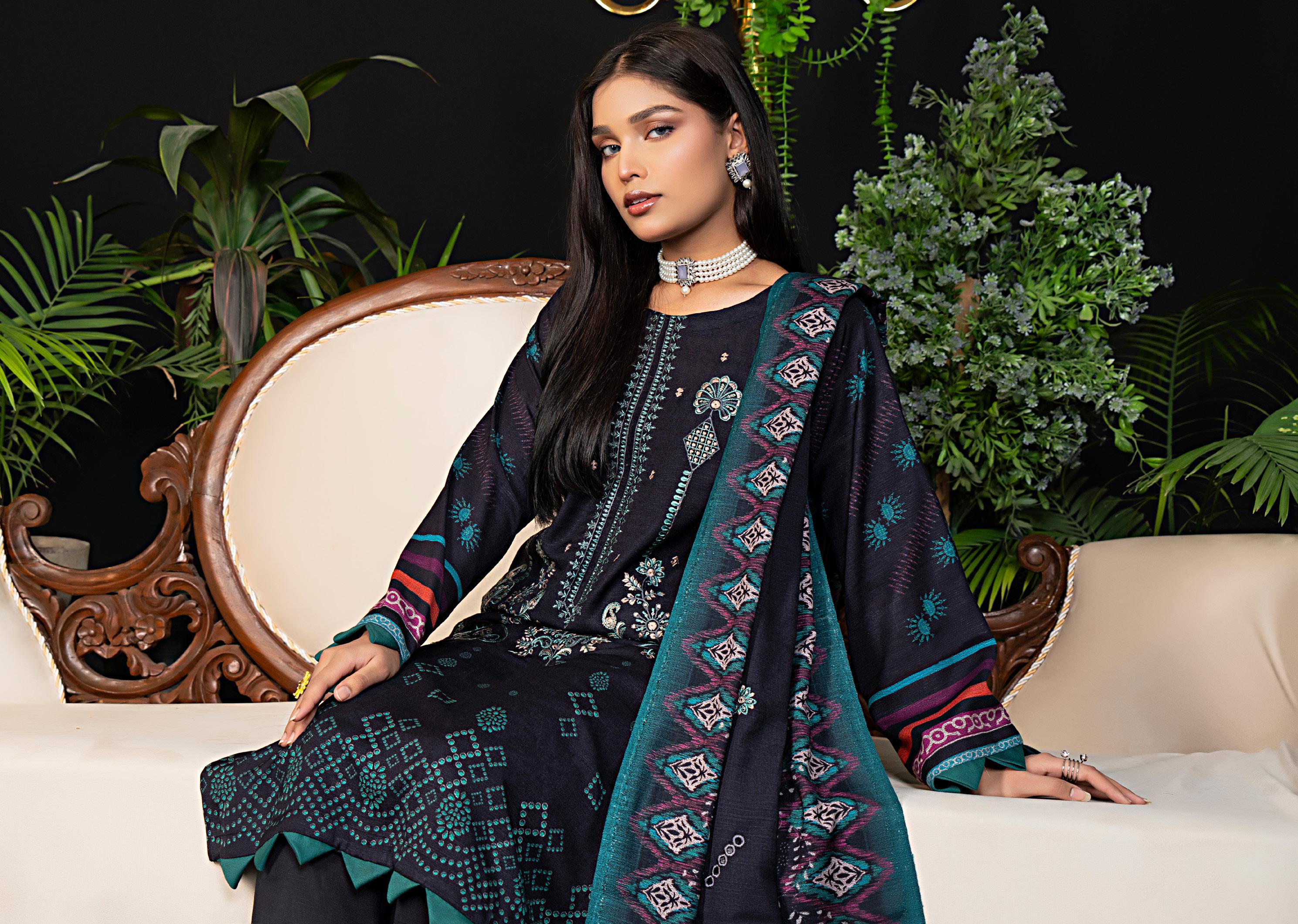 Embroidered Navy Outfit with Ethnic Borders 3 Piece Suit Dhanak