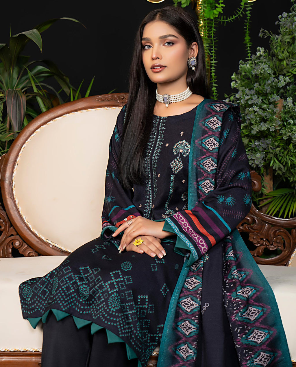 Embroidered Navy Outfit with Ethnic Borders 3 Piece Suit Dhanak