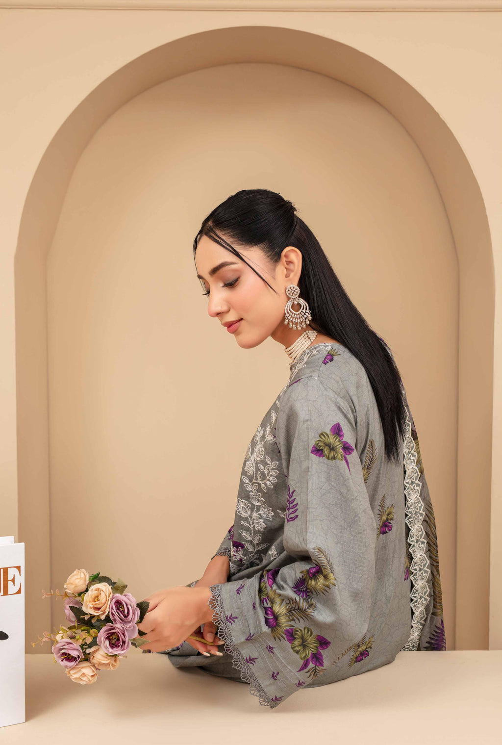 3 Piece Elegant Gray Embroidered Viscose Suit with Purple Floral Prints