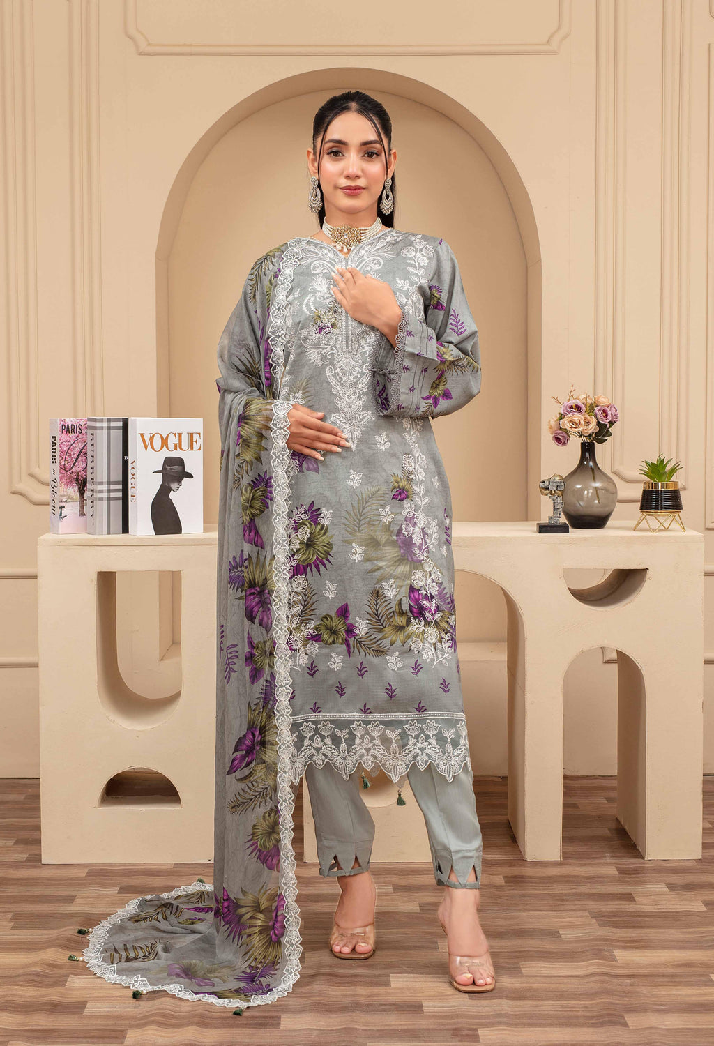 3 Piece Elegant Gray Embroidered Viscose Suit with Purple Floral Prints