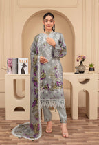3 Piece Elegant Gray Embroidered Viscose Suit with Purple Floral Prints