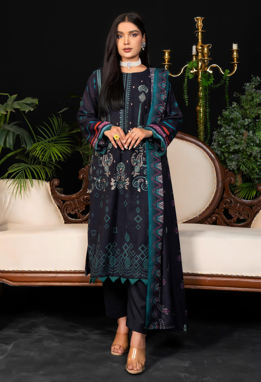 Embroidered Navy Outfit with Ethnic Borders 3 Piece Suit Dhanak
