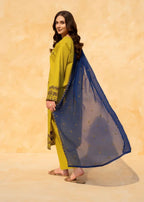 Lime green embroidered lawn 3 piece suit with dark blue chiffon dupatta by ZAMARANG
