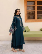 Full view of teal festive embroidered cotton outfit for women