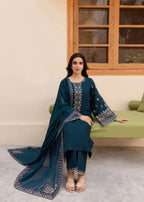 Teal cotton kurta with intricate embroidery and matching trouser