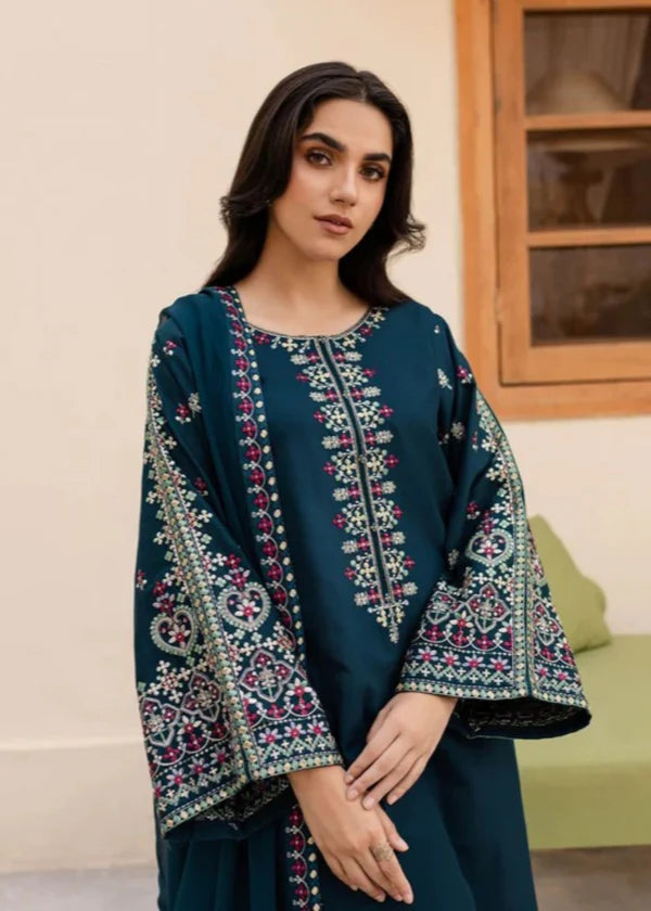 Back view of teal embroidered 3-piece suit with chiffon dupatta