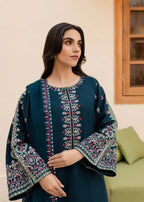 Teal embroidered cotton 3-piece suit with chiffon dupatta by ZAMARANG
