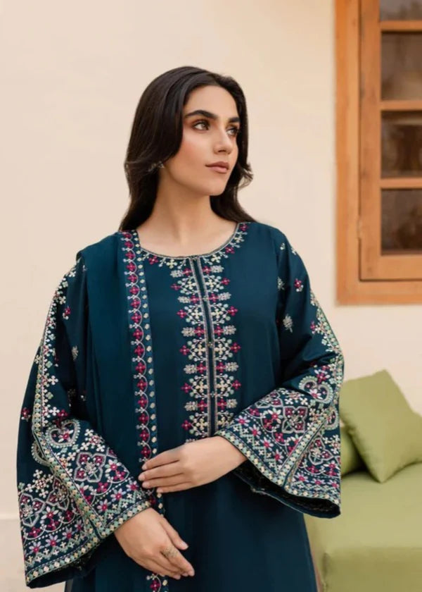 Teal embroidered cotton 3-piece suit with chiffon dupatta by ZAMARANG